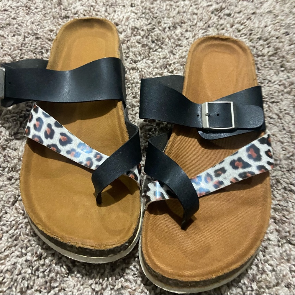 Leopard Print Sandals with Black Straps